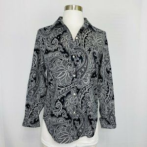 Lauren Ralph Lauren Womens Small Top Blouse No Iron Black White Print  #G